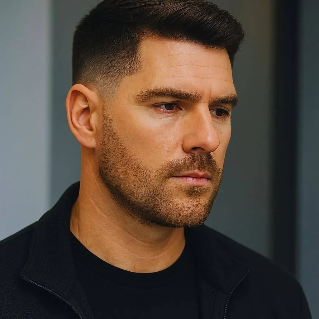 Textured Ivy League Taper Fade with Stubble Beard