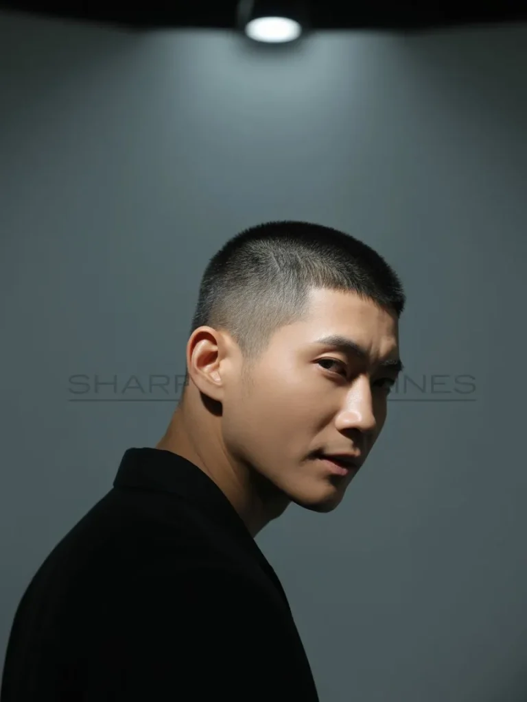 an asian man with buzz cut with lineup wearing a black shirt