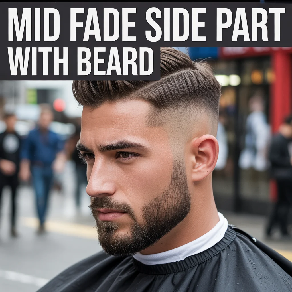 Mid Fade Side Part with Beard