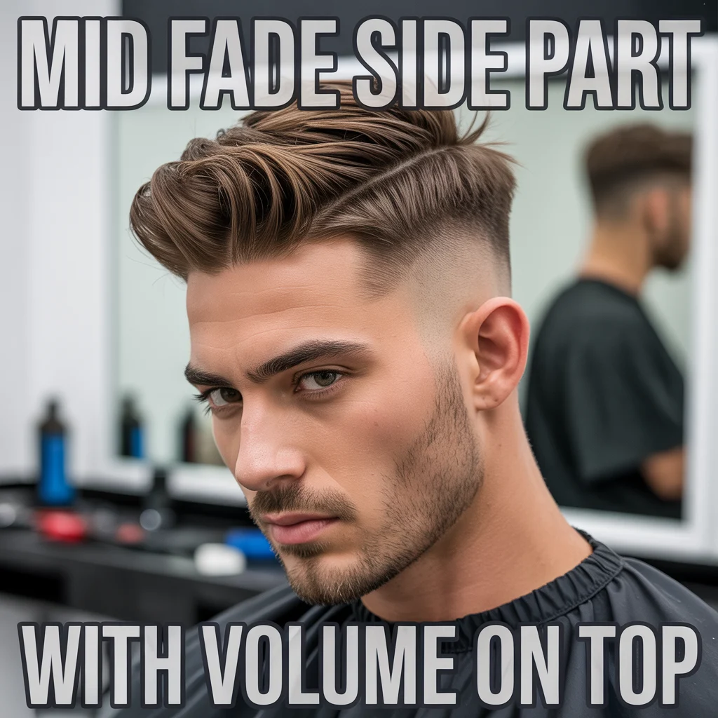 Mid Fade Side Part with Volume on Top