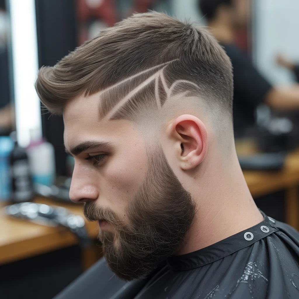 Mid Fade with Beard and Line Design