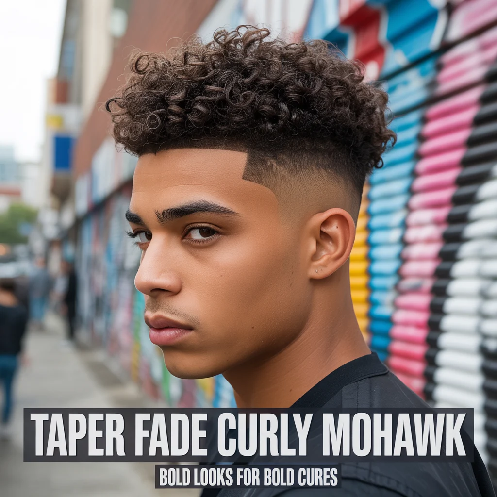 Taper fade curly mohawk