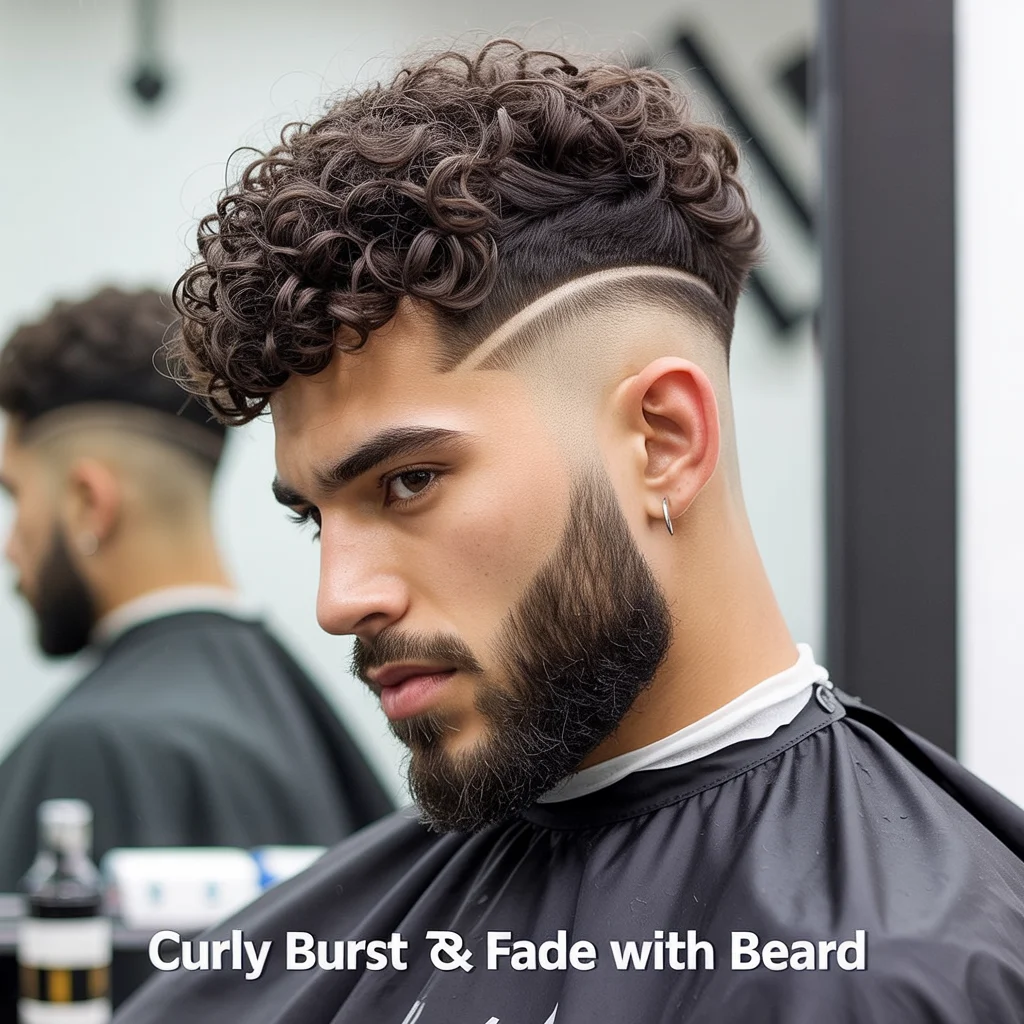 Curly Burst Fade with Beard