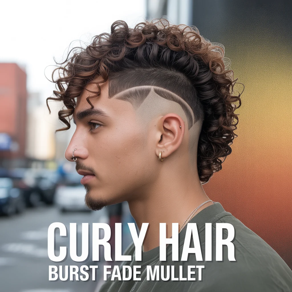 Curly Hair Burst Fade Mullet