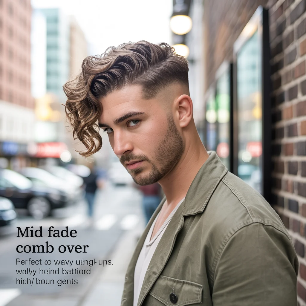 Mid Fade Comb Over for Wavy Hair