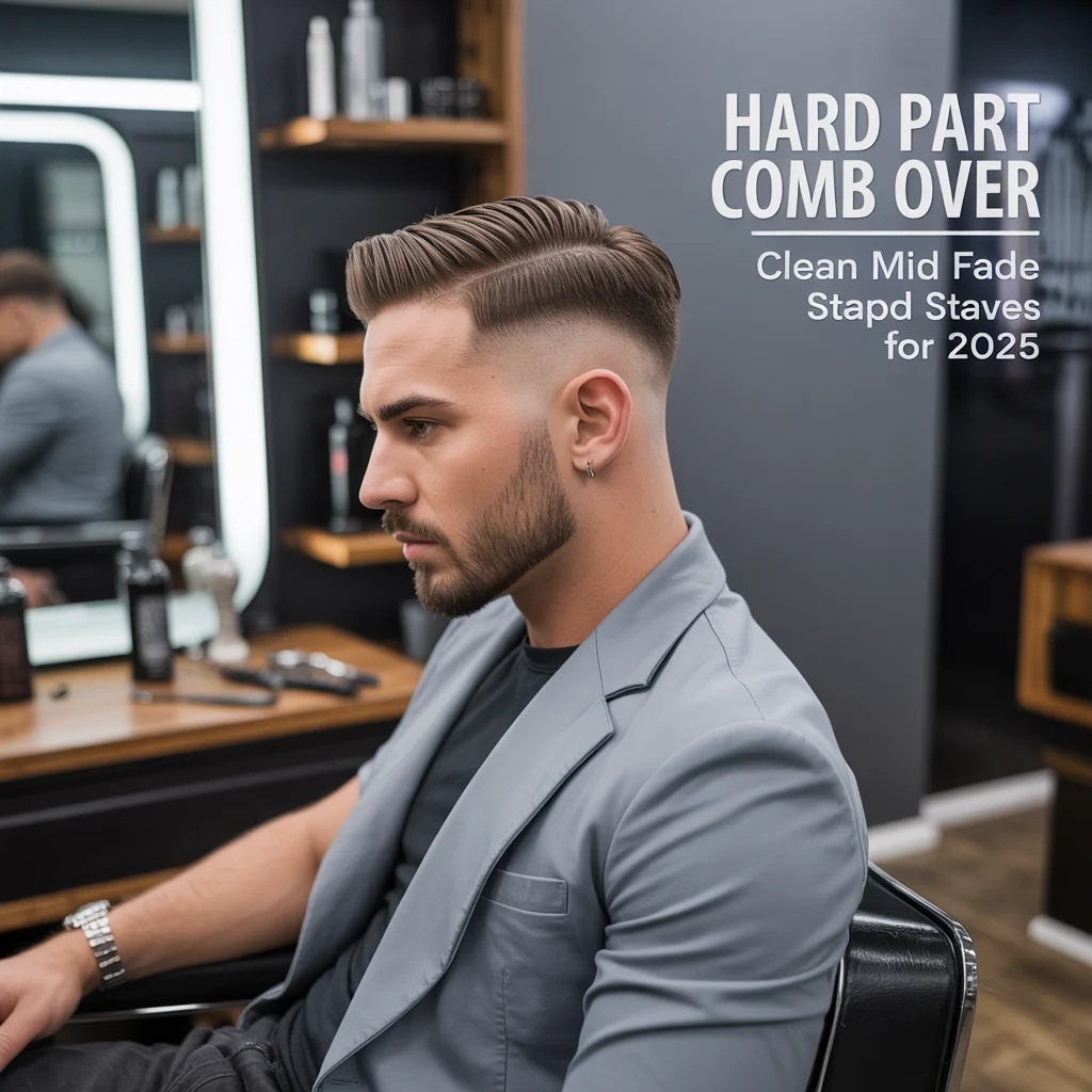 Mid Fade with Hard Part Comb Over