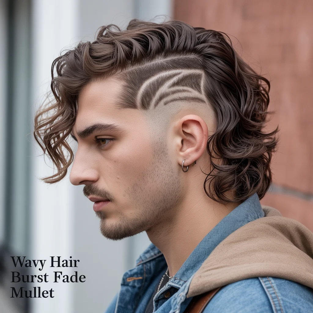 Wavy Hair Burst Fade Mullet