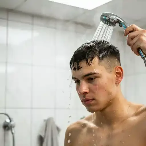 athlete washing sweat from a mid fade haircut
