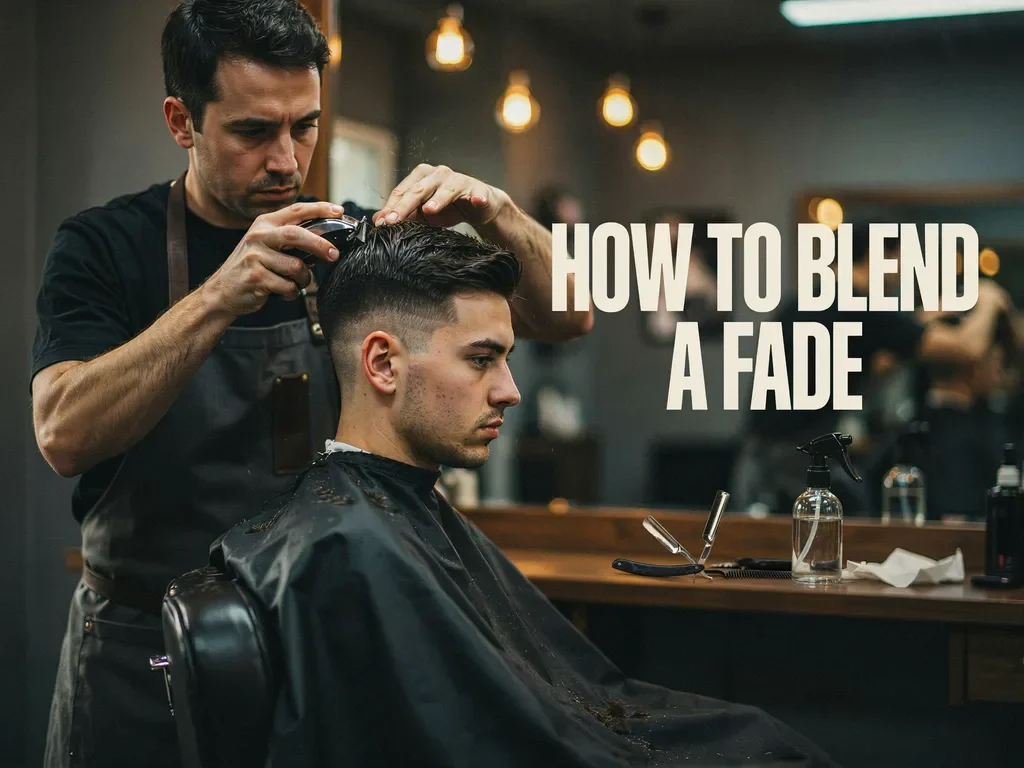 Barber blending a mid fade haircut in a barbershop