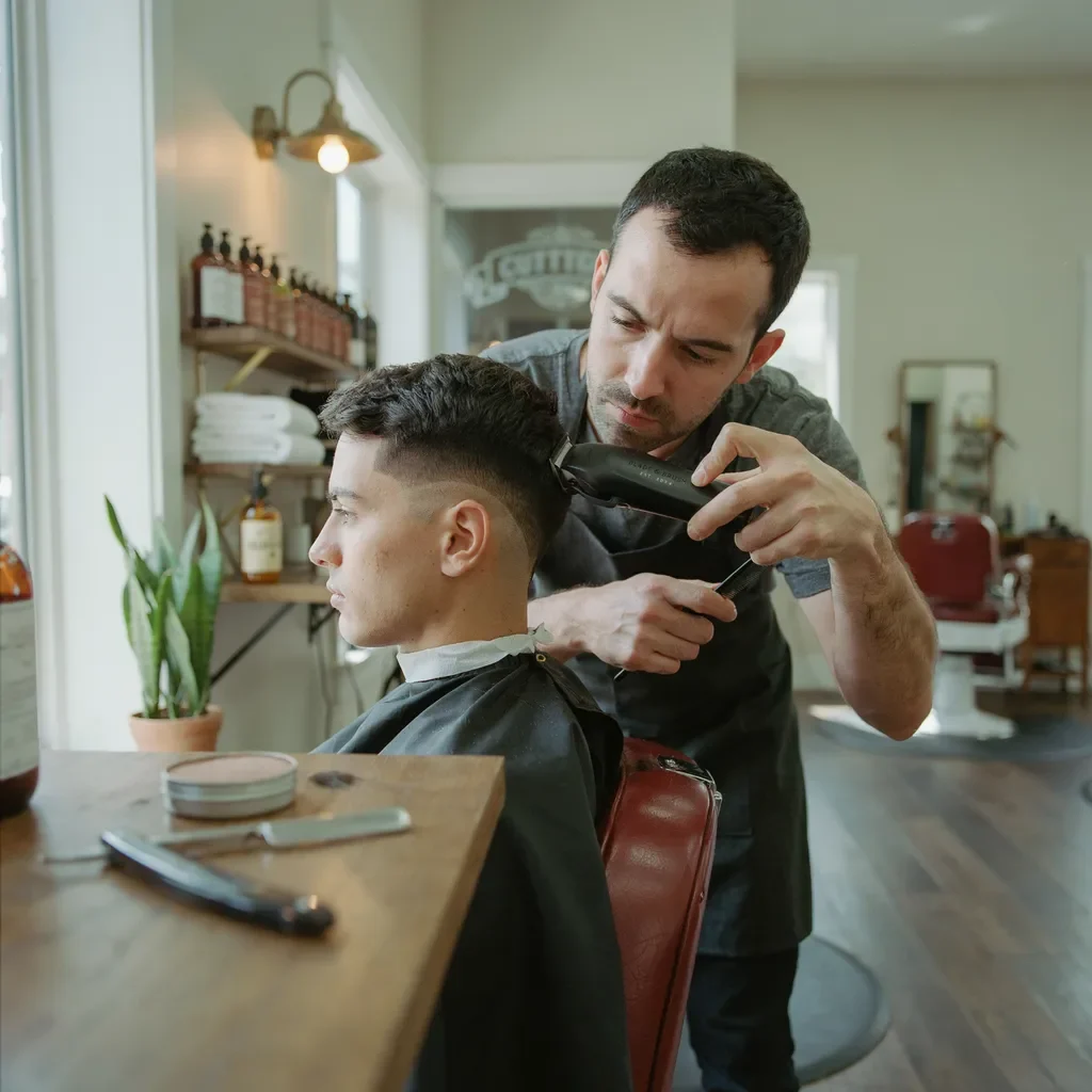 barber blending a mid fade down to skin
