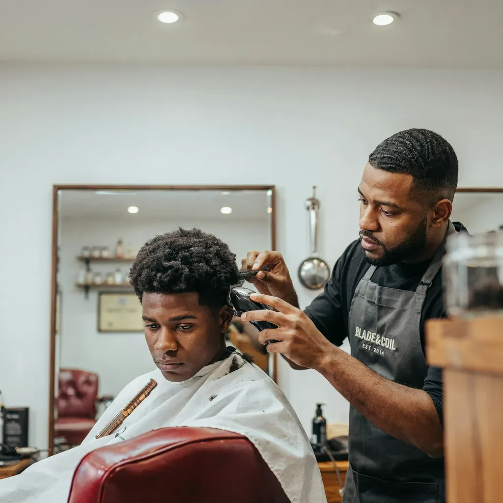 barber cutting afro hair dry