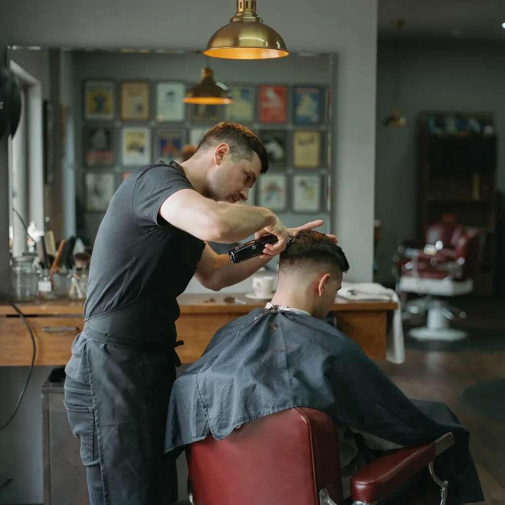 Barber finishing a fade on a seated client in a barbershop