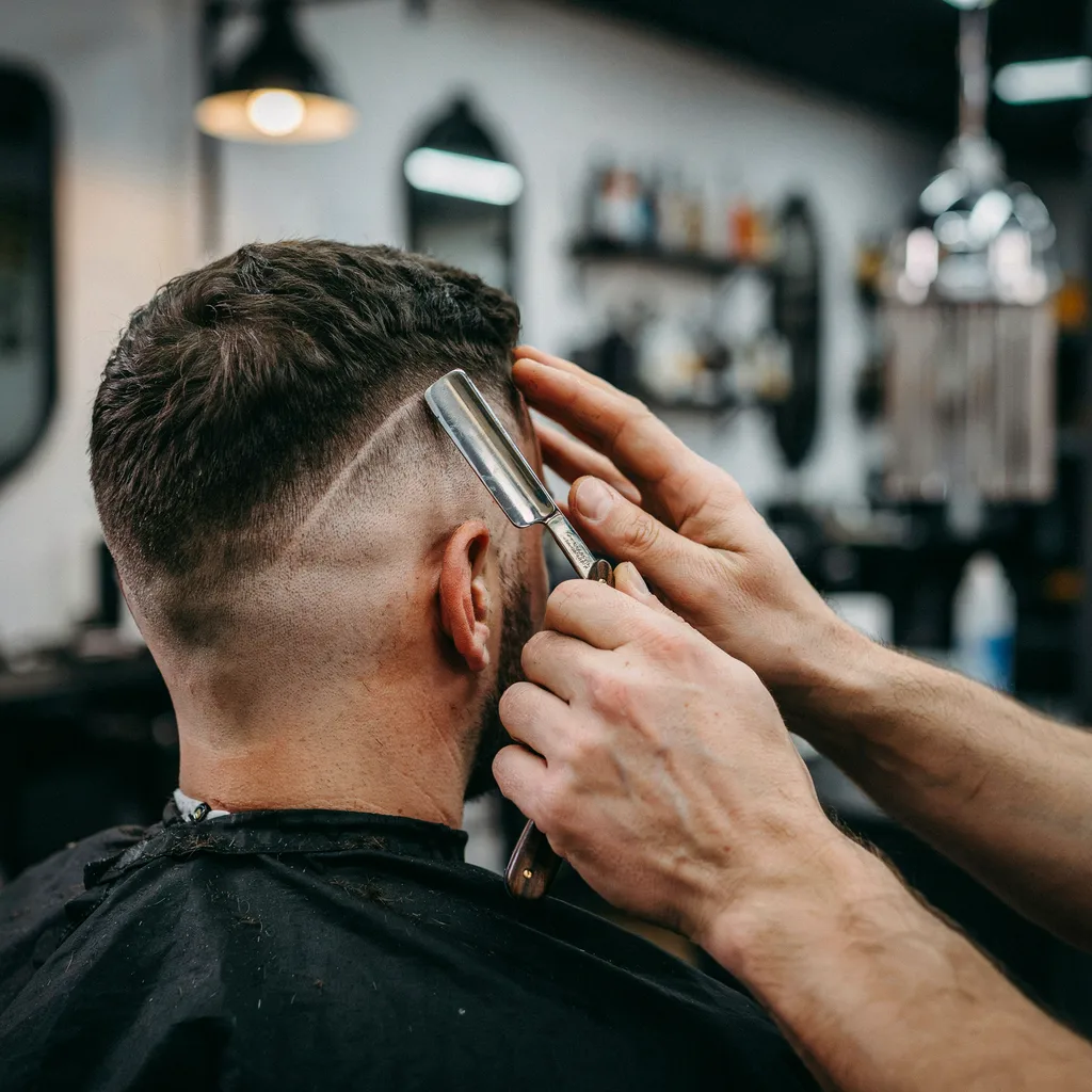 Barber using a straight razor to create a crisp sharp line on a fade