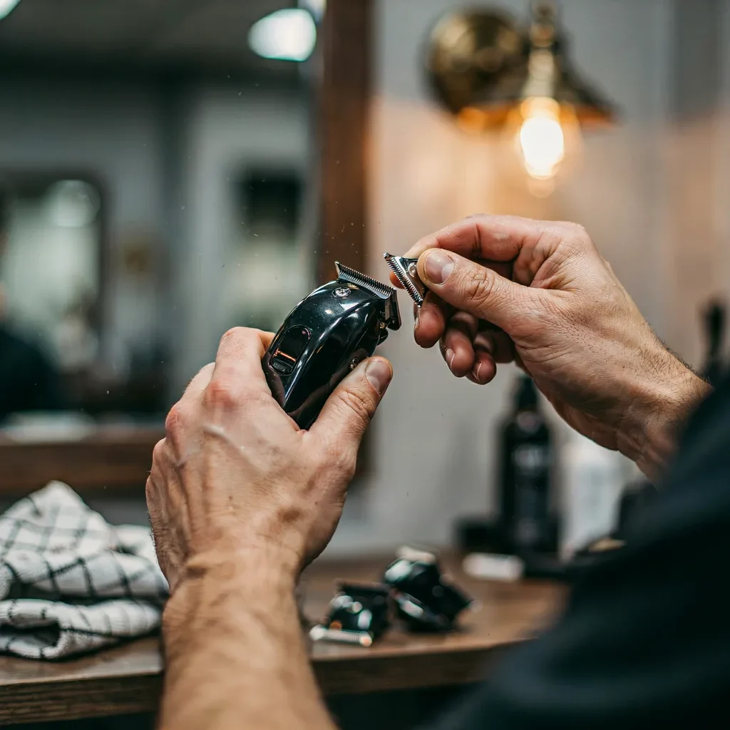 Barber swapping clipper guards mid-cut to match hair and head shape