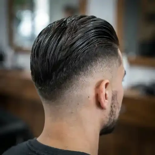 sleek oil based pomade brush back mid fade