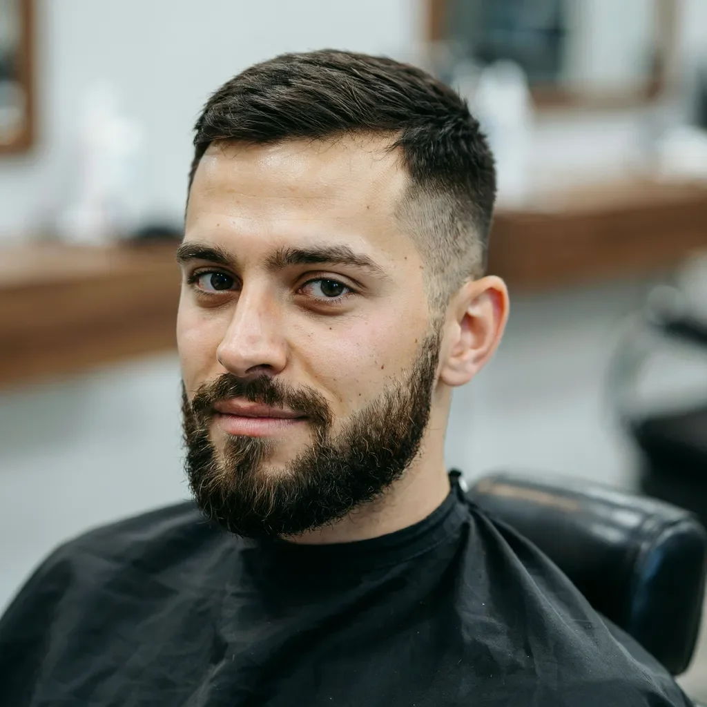 bearded man with a long face and mid fade haircut