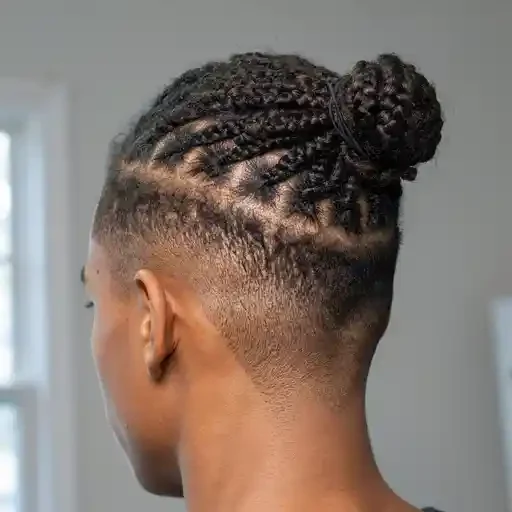braids gathered into a bun over a mid fade