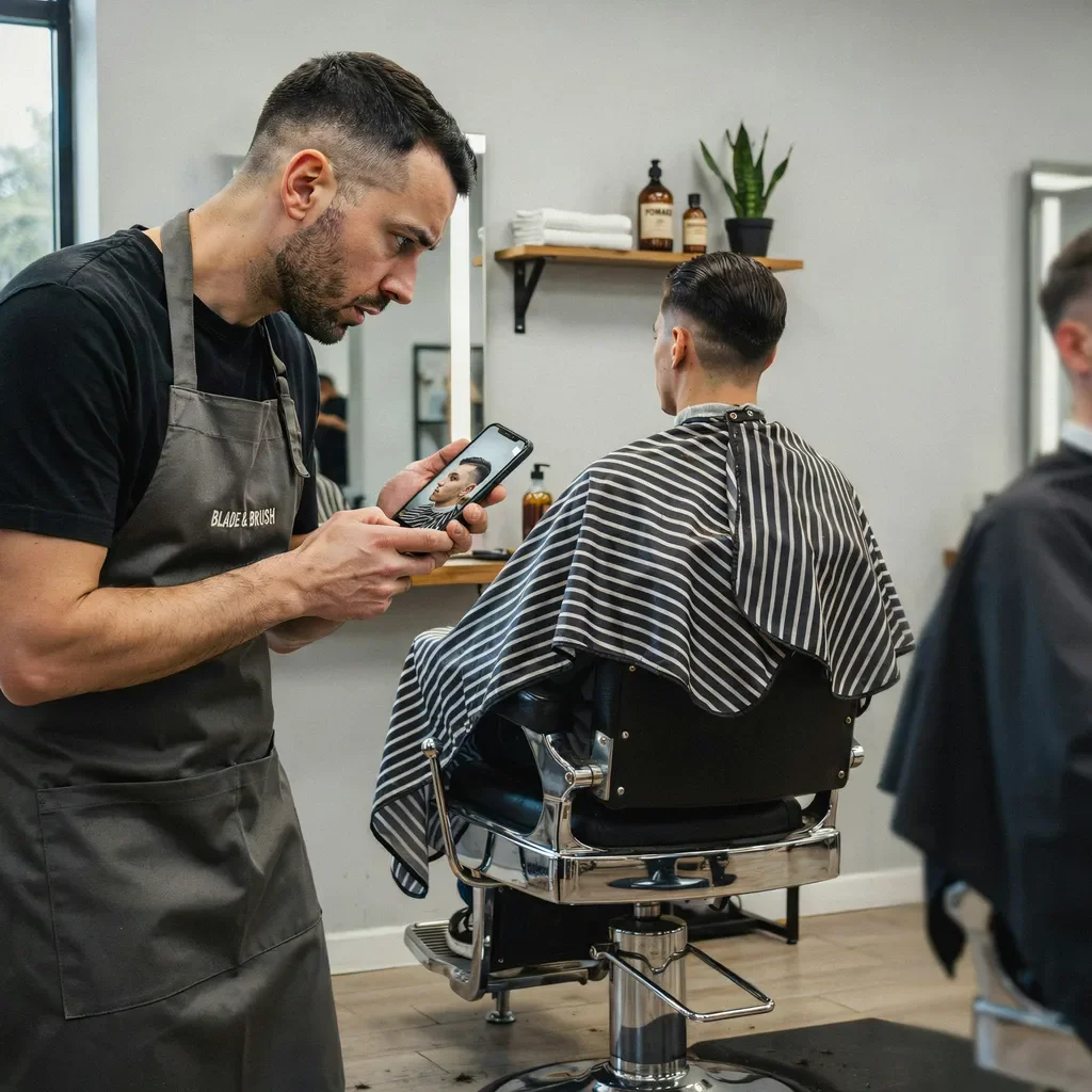 barber discussing style elements from a photo