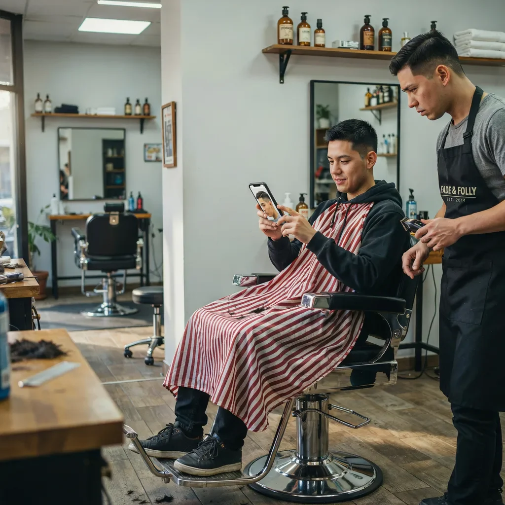 showing a barber a reference photo on a phone