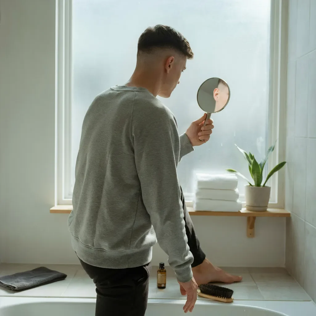 Man checking the back of his fresh fade haircut in a hand mirror