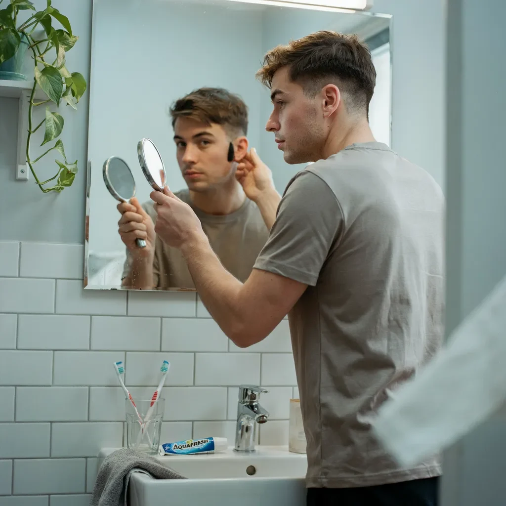 checking sideburn symmetry in a mirror