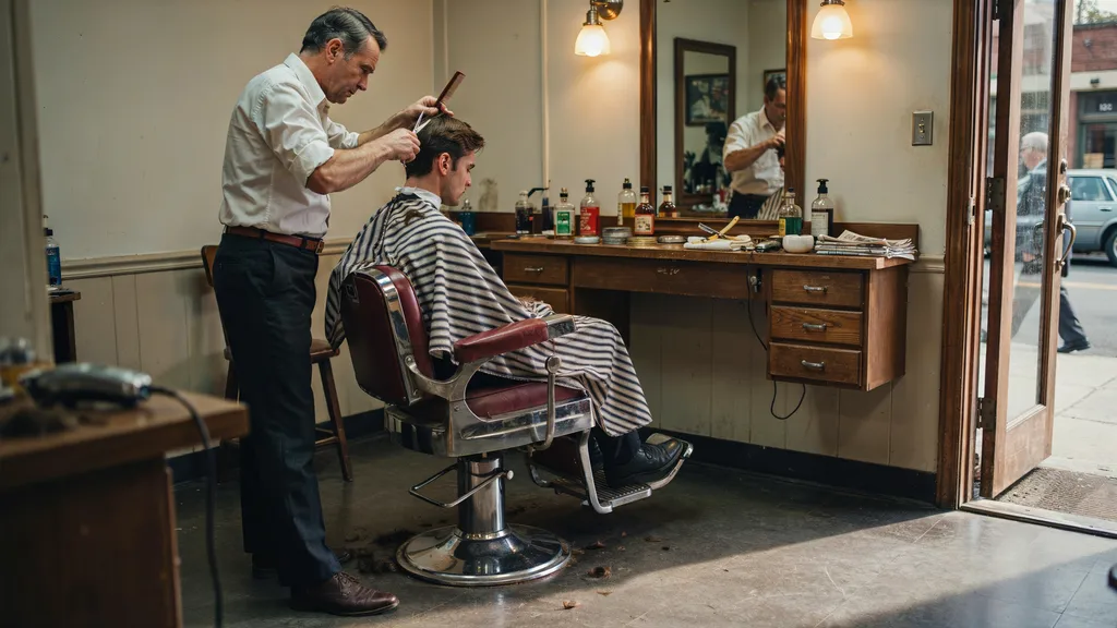 Classic 1960s to 1970s barbershop haircut scene