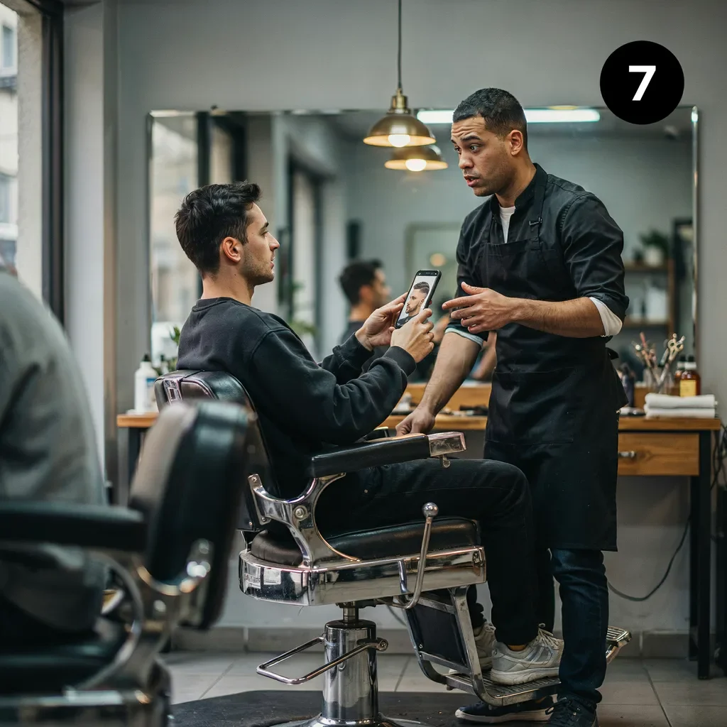 Client showing his barber a reference photo on his phone