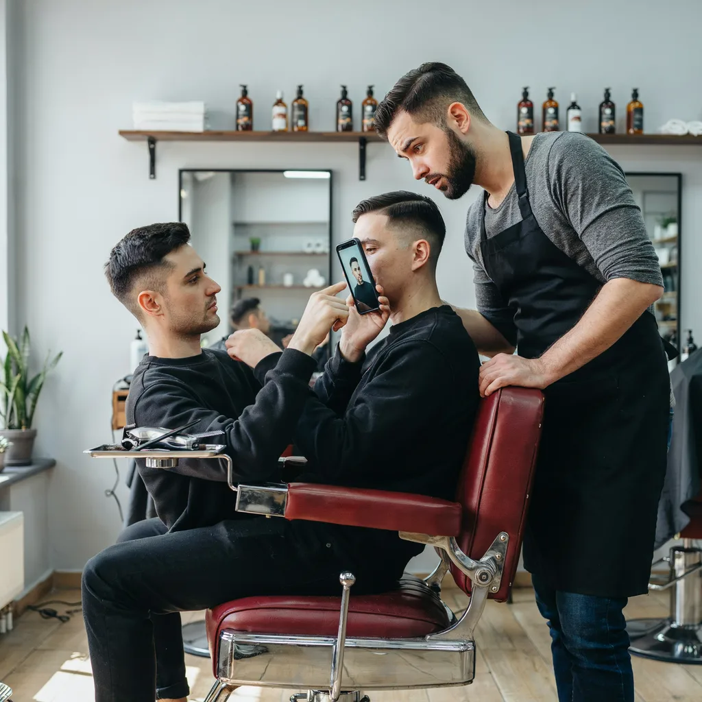 Client showing his barber a reference photo on his phone