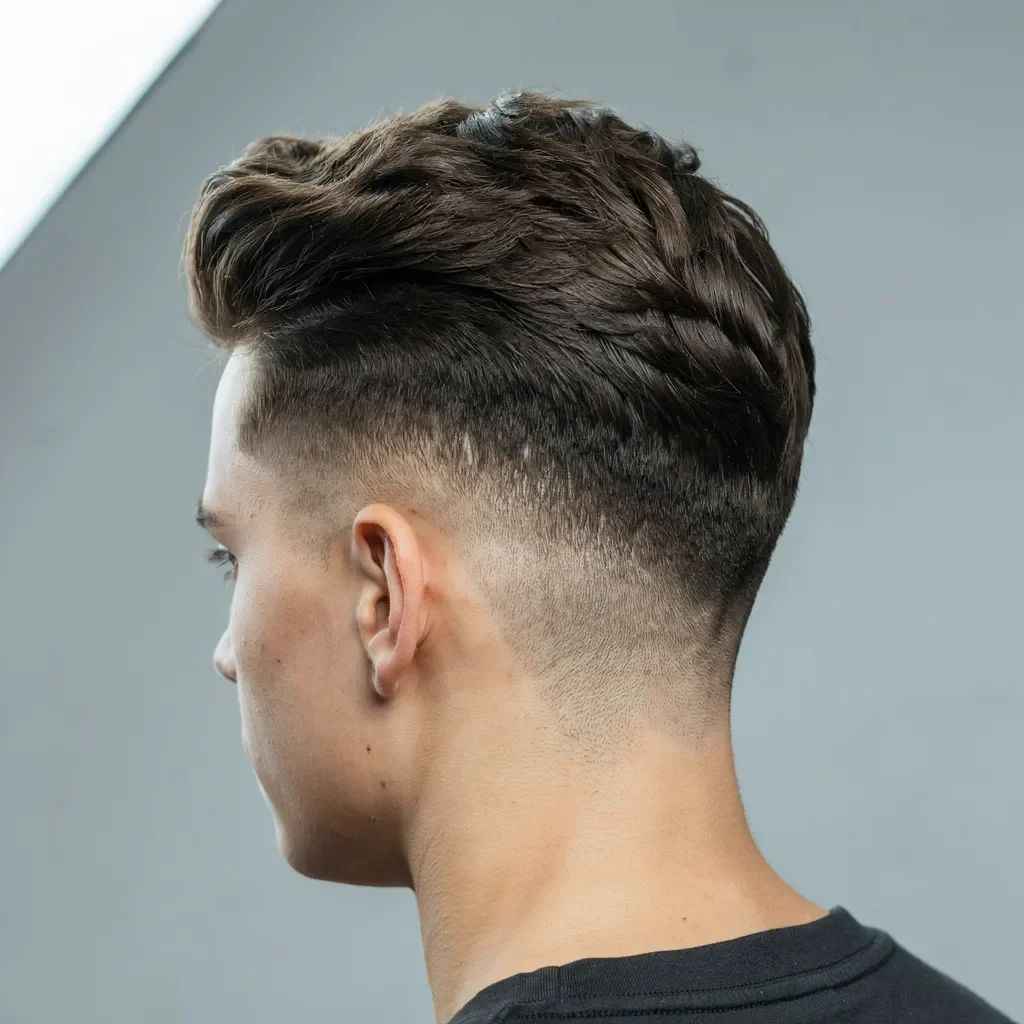 glossy pompadour classic mid fade styling