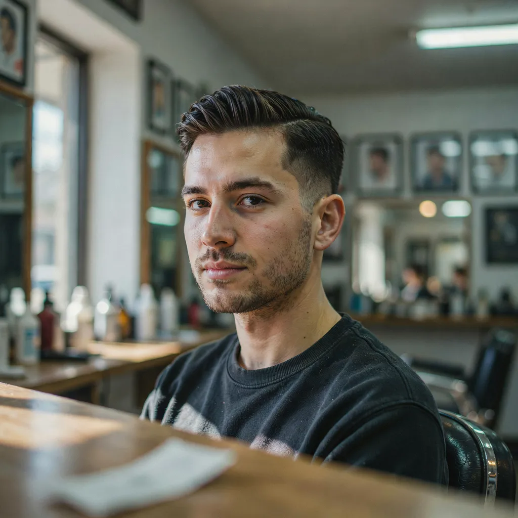 Man with a comb over fade haircut, hair combed neatly to the side
