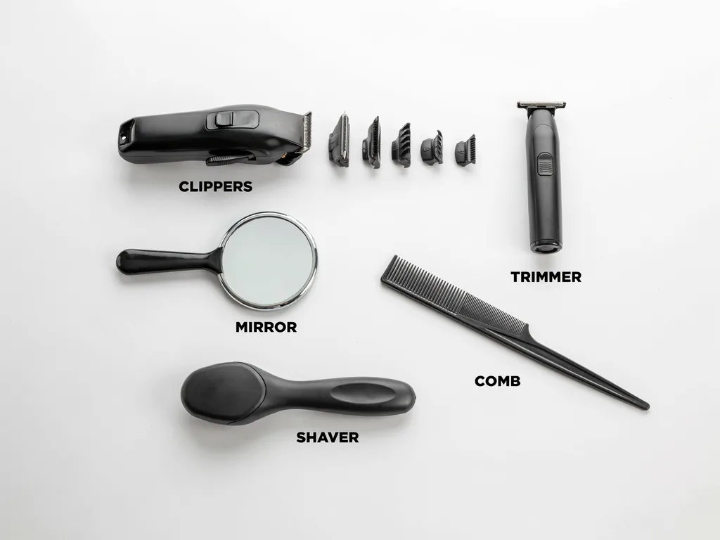 Labeled flat lay of a complete mid fade home haircut kit