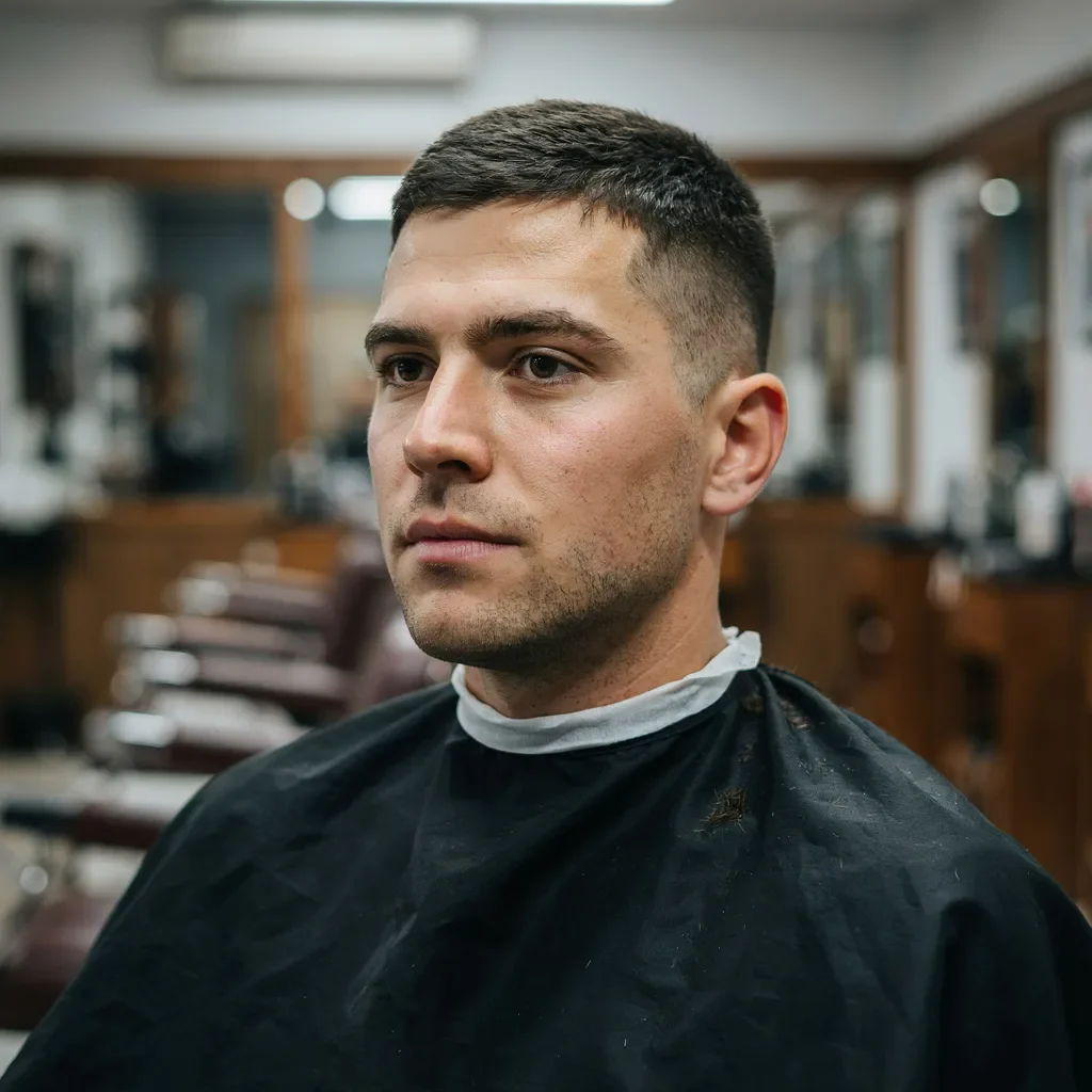 crew cut mid fade on a square face