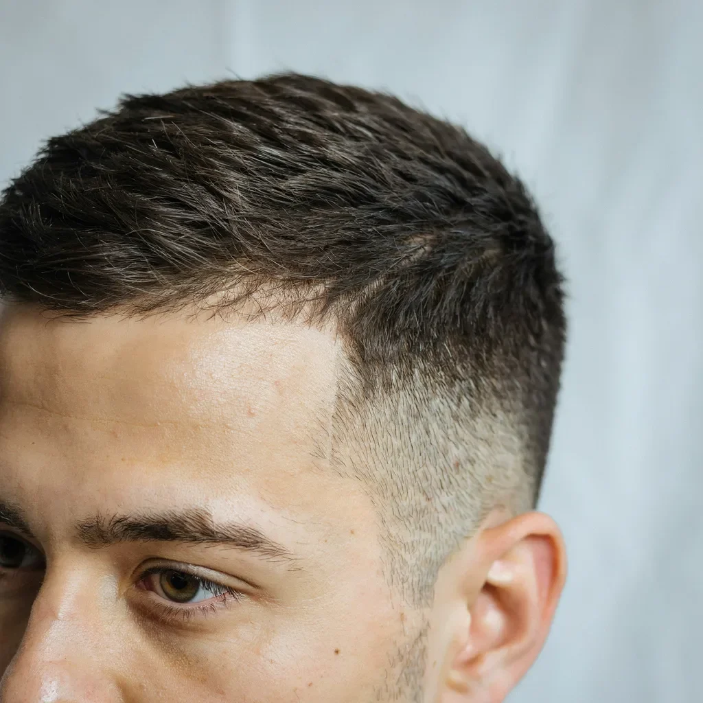 Close-up of a crisp razor-finished front hairline