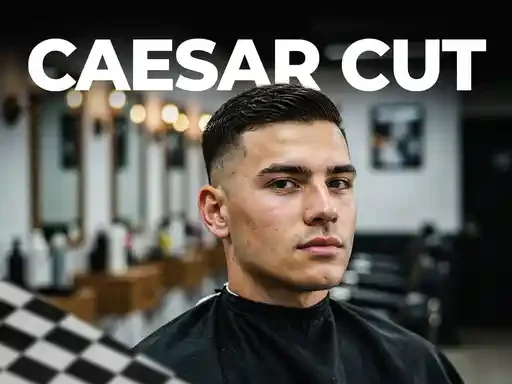 mid fade caesar cut with short horizontal fringe