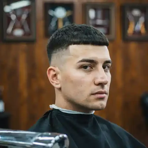 caesar cut mid fade on a long face shape