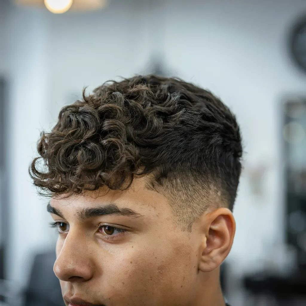 curly textured fringe mid fade for forehead coverage