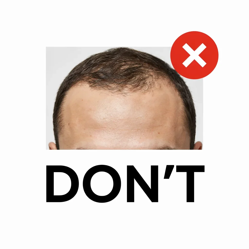 Warning graphic showing over-trimming into the hairline mistake
