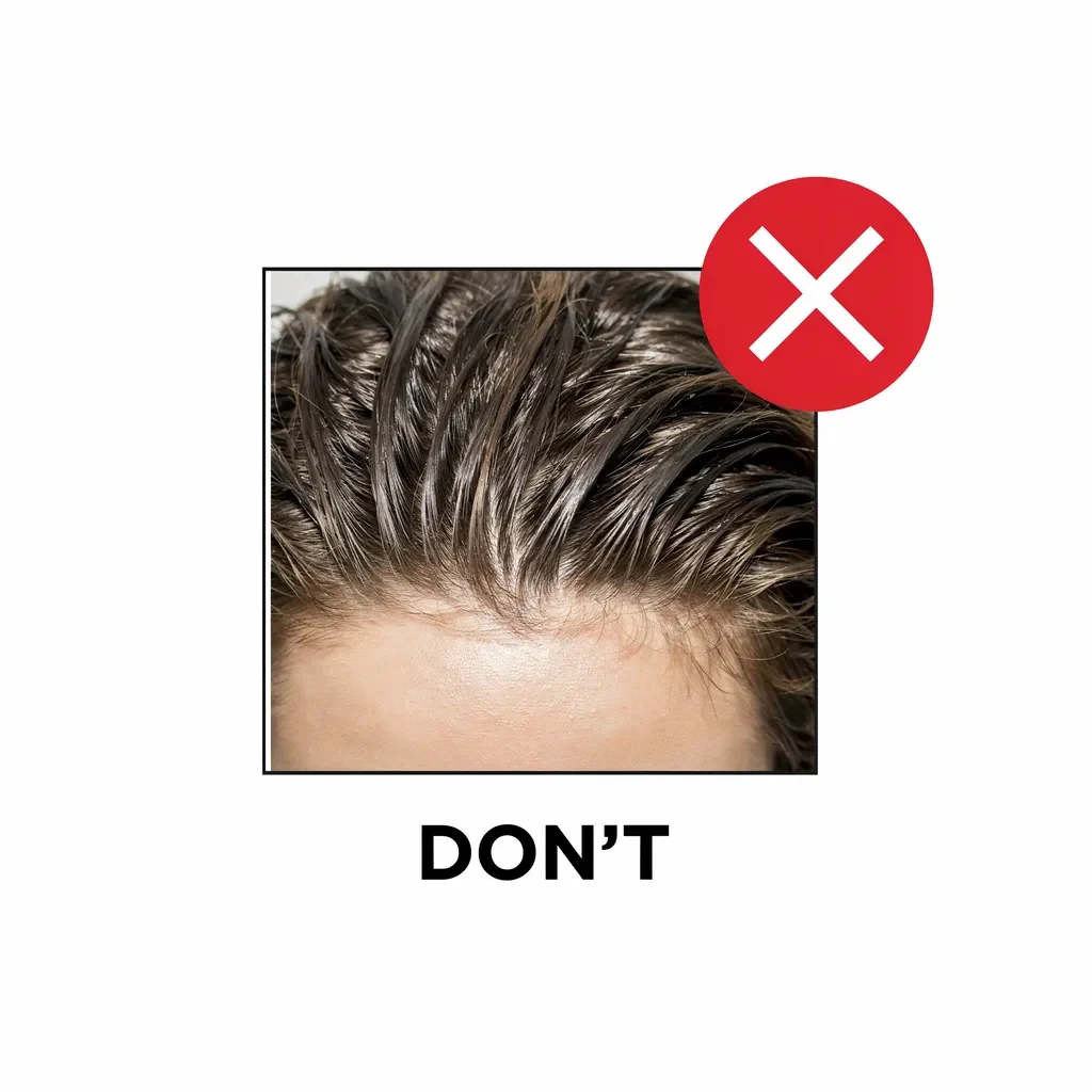 Warning graphic showing greasy over-styled hair mistake