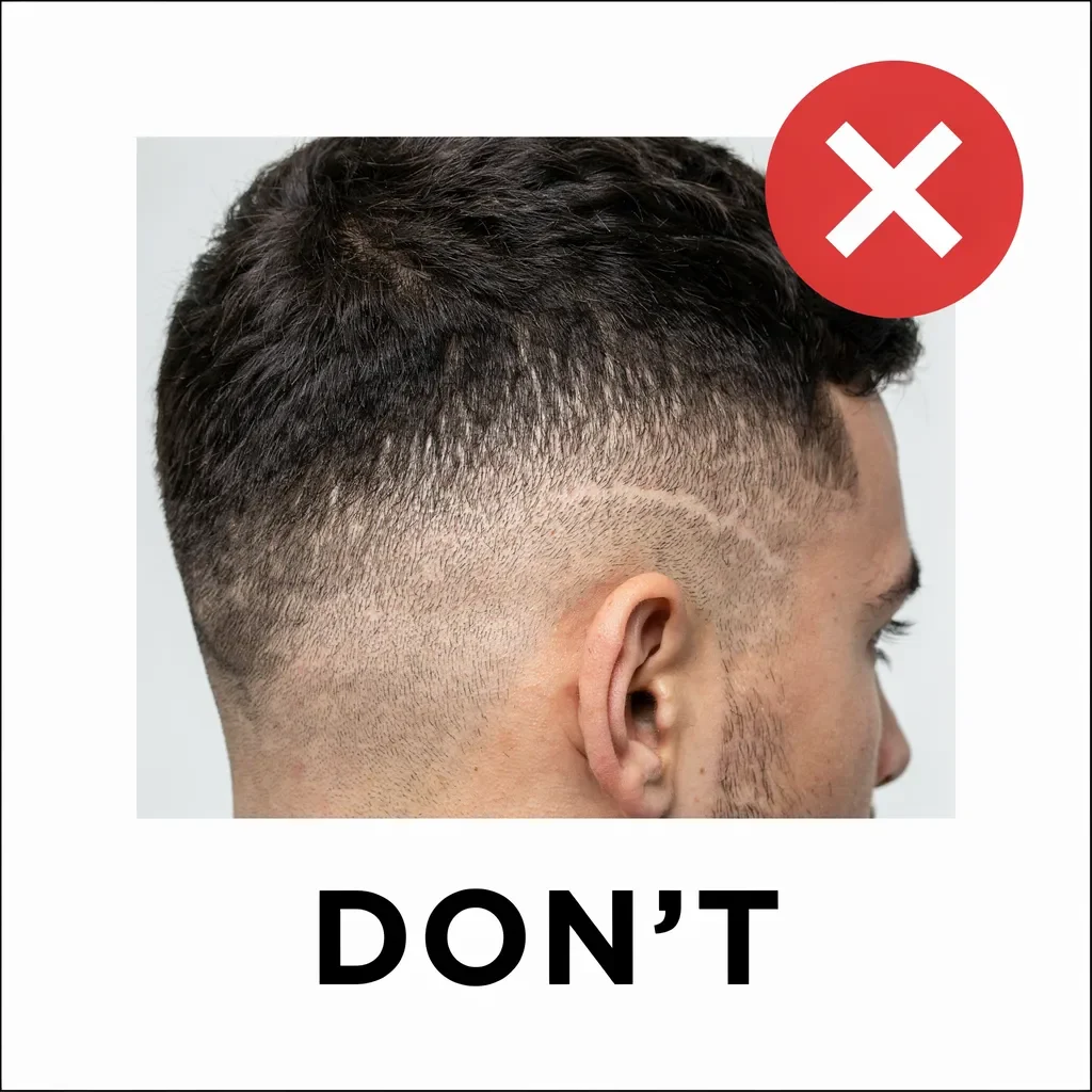 Warning graphic showing a patchy gouged skin fade mistake