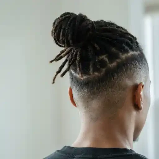 locs gathered up showing off a mid fade