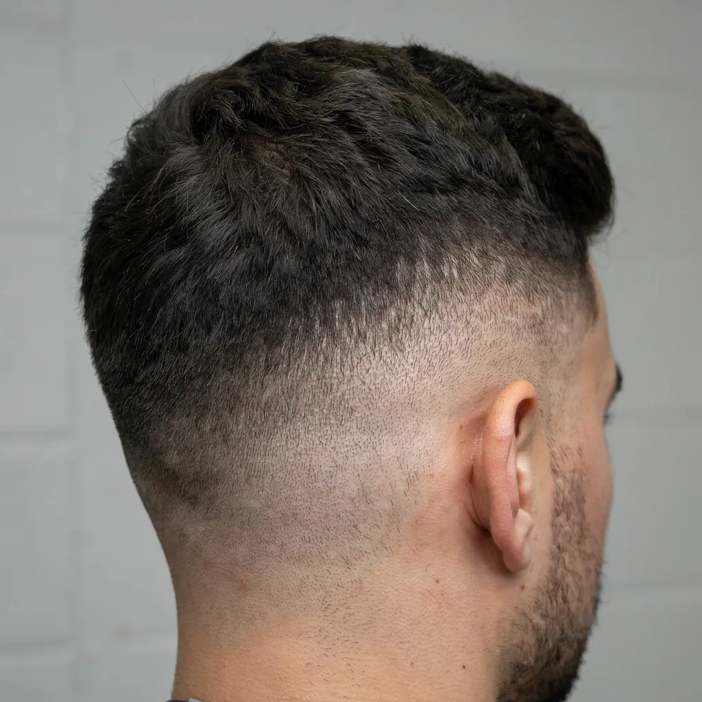 Drop fade haircut with the fade line curving downward behind the ear toward the nape