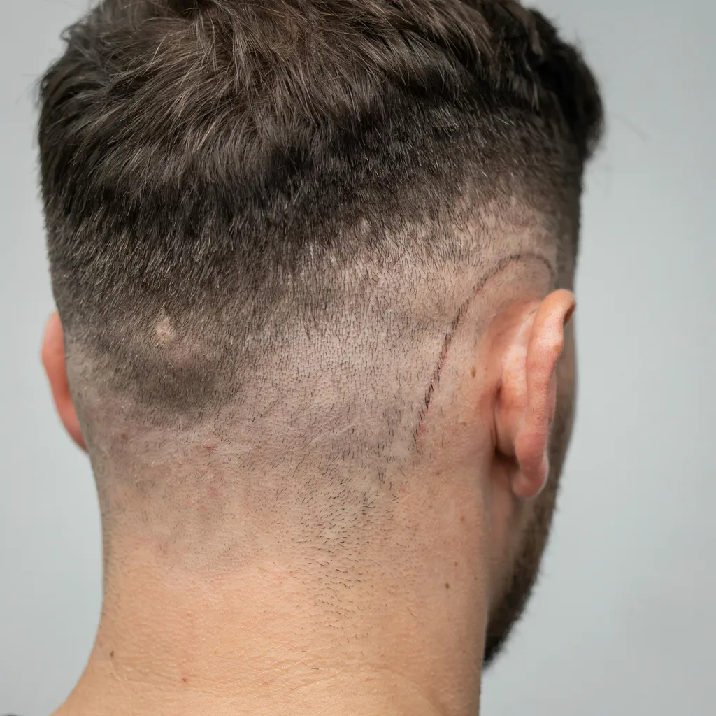 Close-up of a curved fade line behind the ear showing the blend shape