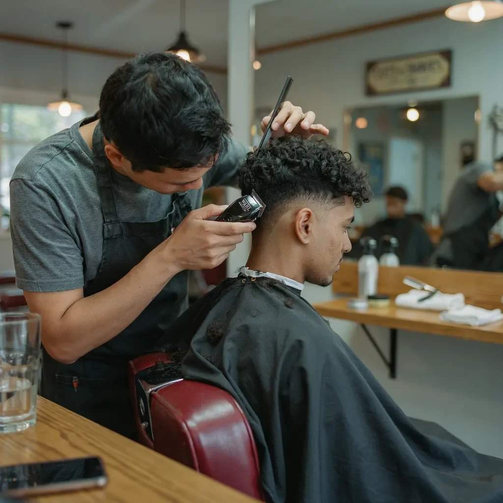 barber cutting a precise curved drop fade