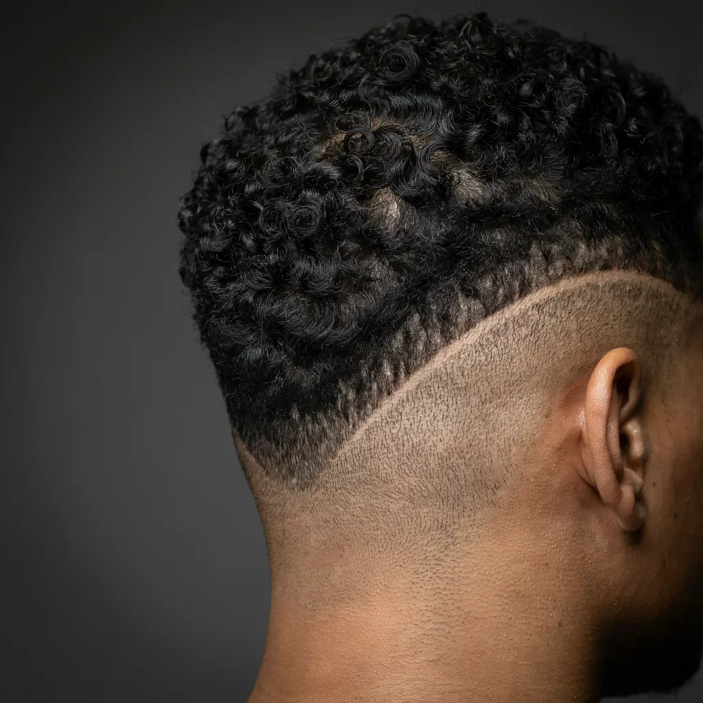 curved drop fade line behind the ear on curly hair