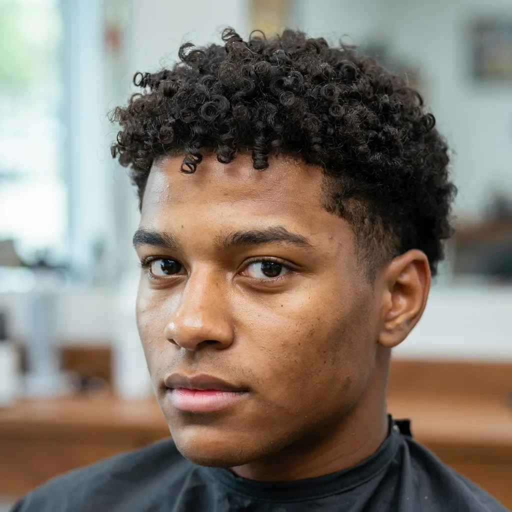 natural curly top with a mid drop fade