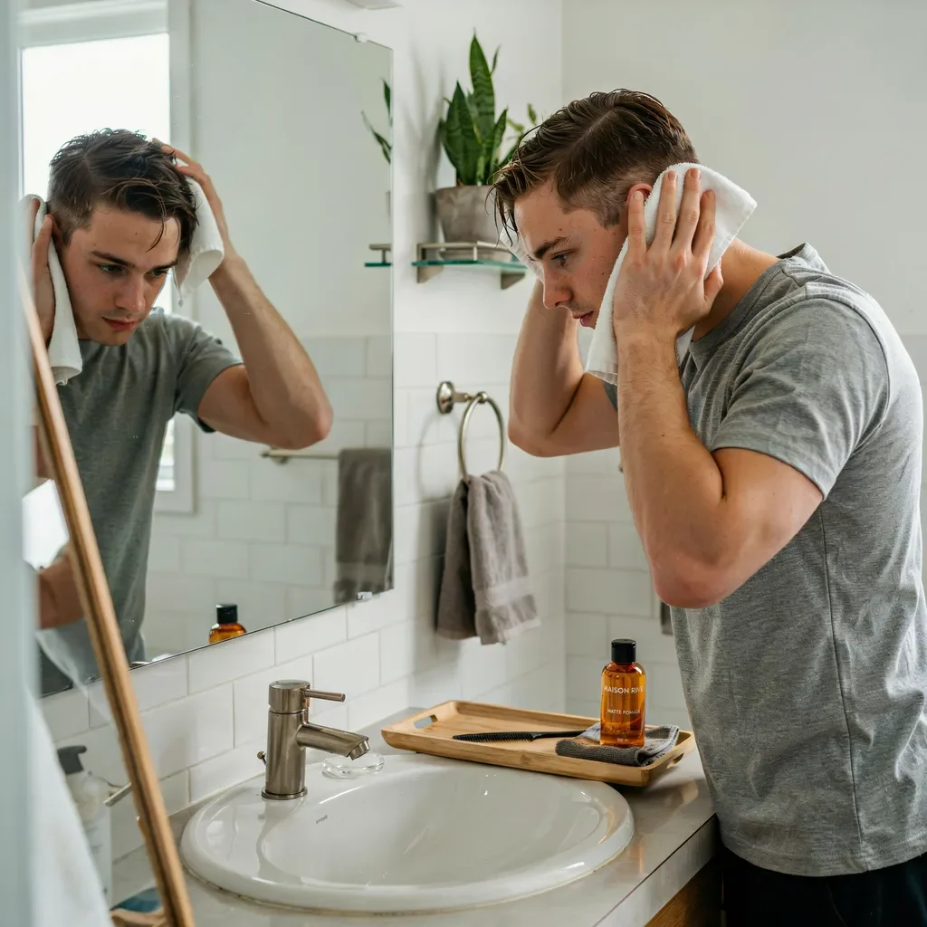 man drying hair before styling a mid fade