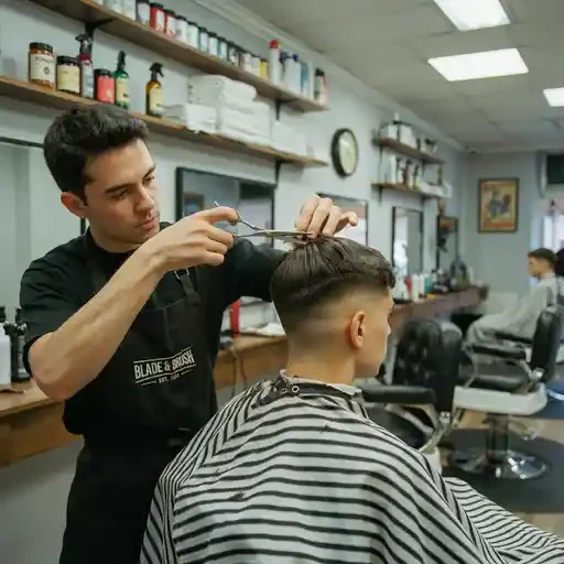 barber cutting precise geometric fringe corners