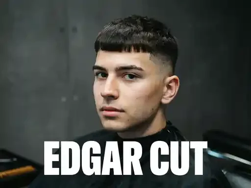 mid fade edgar cut with a sharp squared fringe
