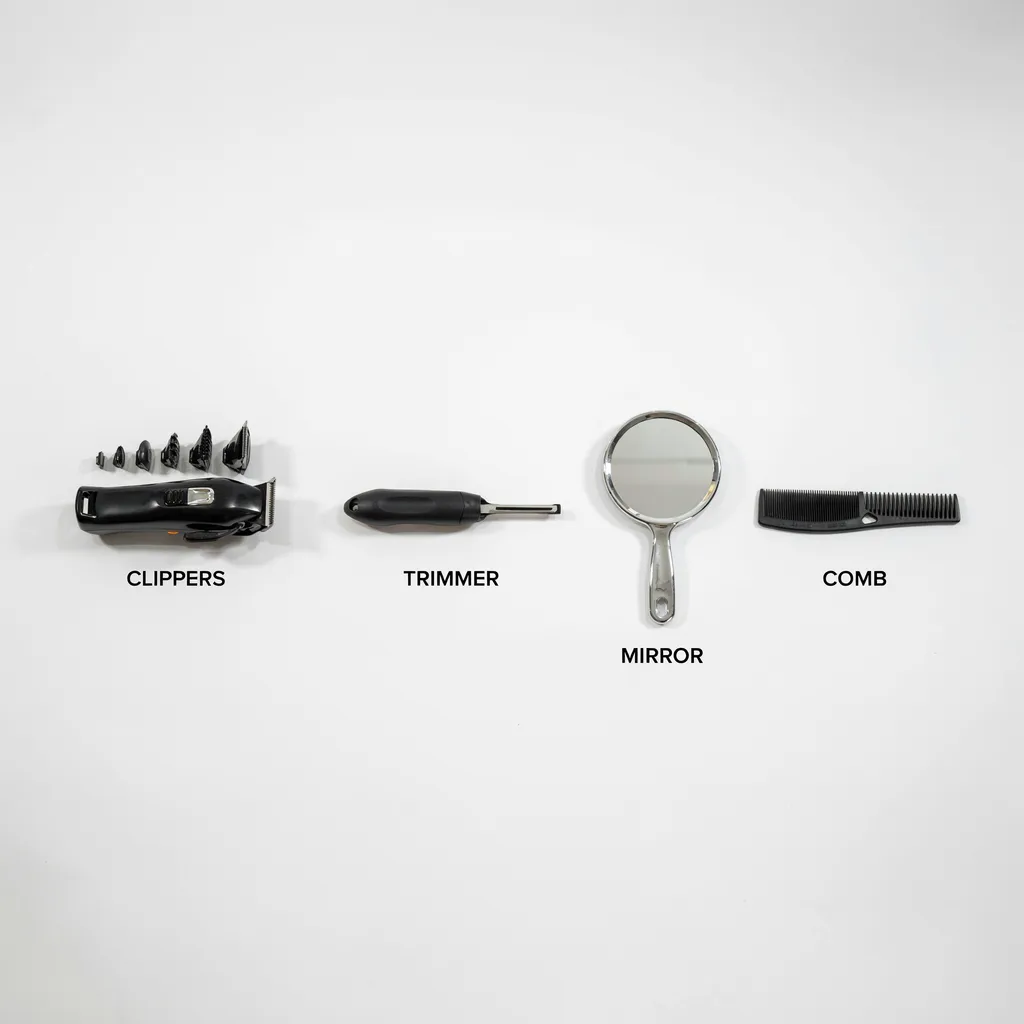 Labeled flat lay of essential mid fade cutting tools