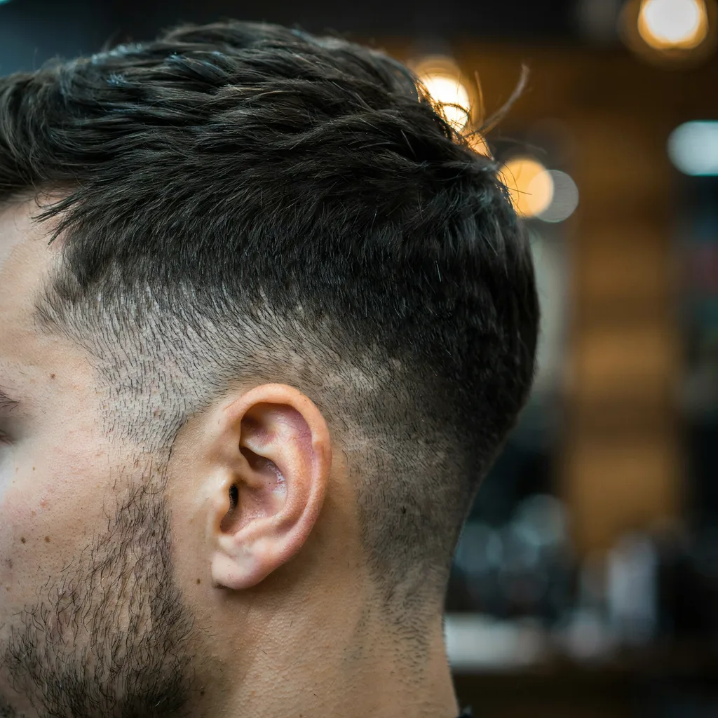 Macro close-up of a fade haircut blend showing gradient depth and texture